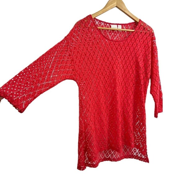 Chico’s Women Open Knit sweater Pullover Cover up Coral/ Orange Size 2 - Picture 2 of 11